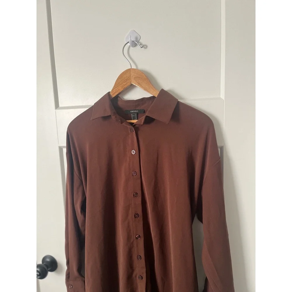 Forever 21 Women Brown Long Sleeve Button Down Belted Shirt Dress Size S Small - Picture 2 of 5
